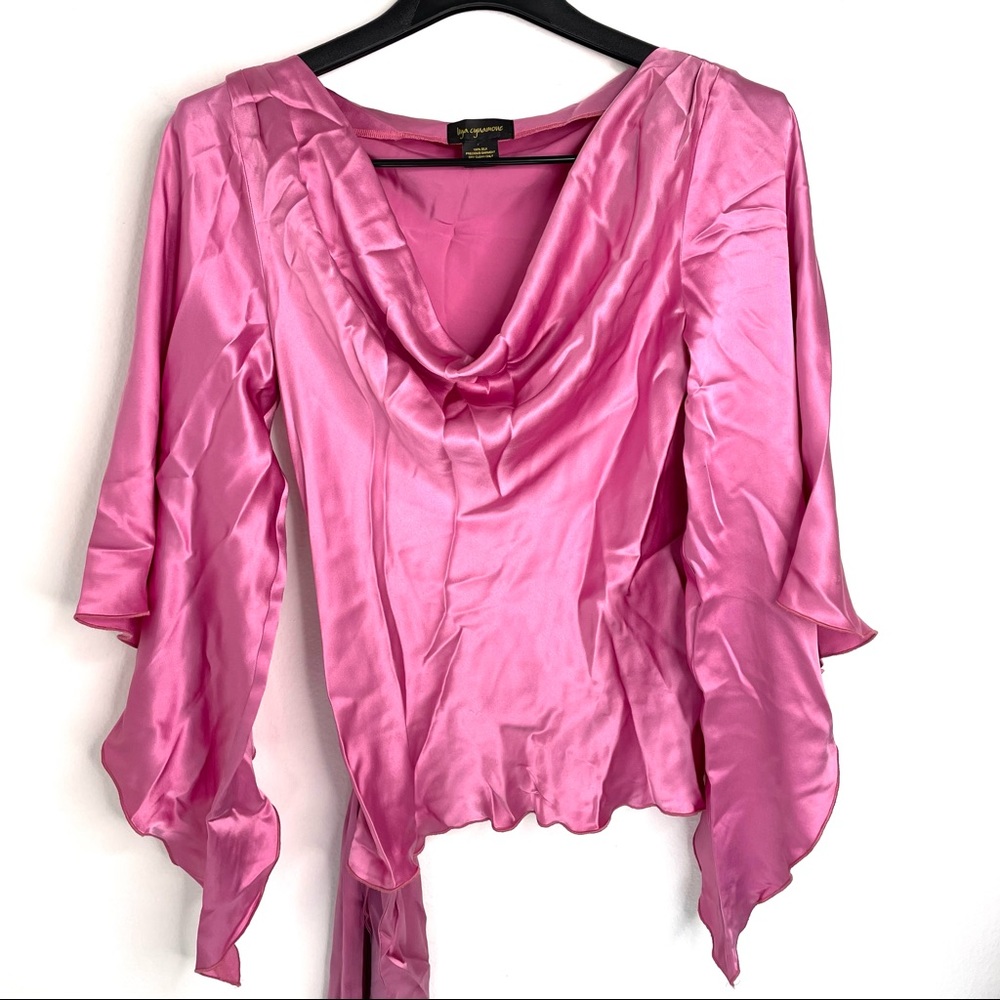 Vintage Liya Cynamone Top Size 2 Pink Silk Bell Sleeve Tie Waist Cowl Neck 90s
